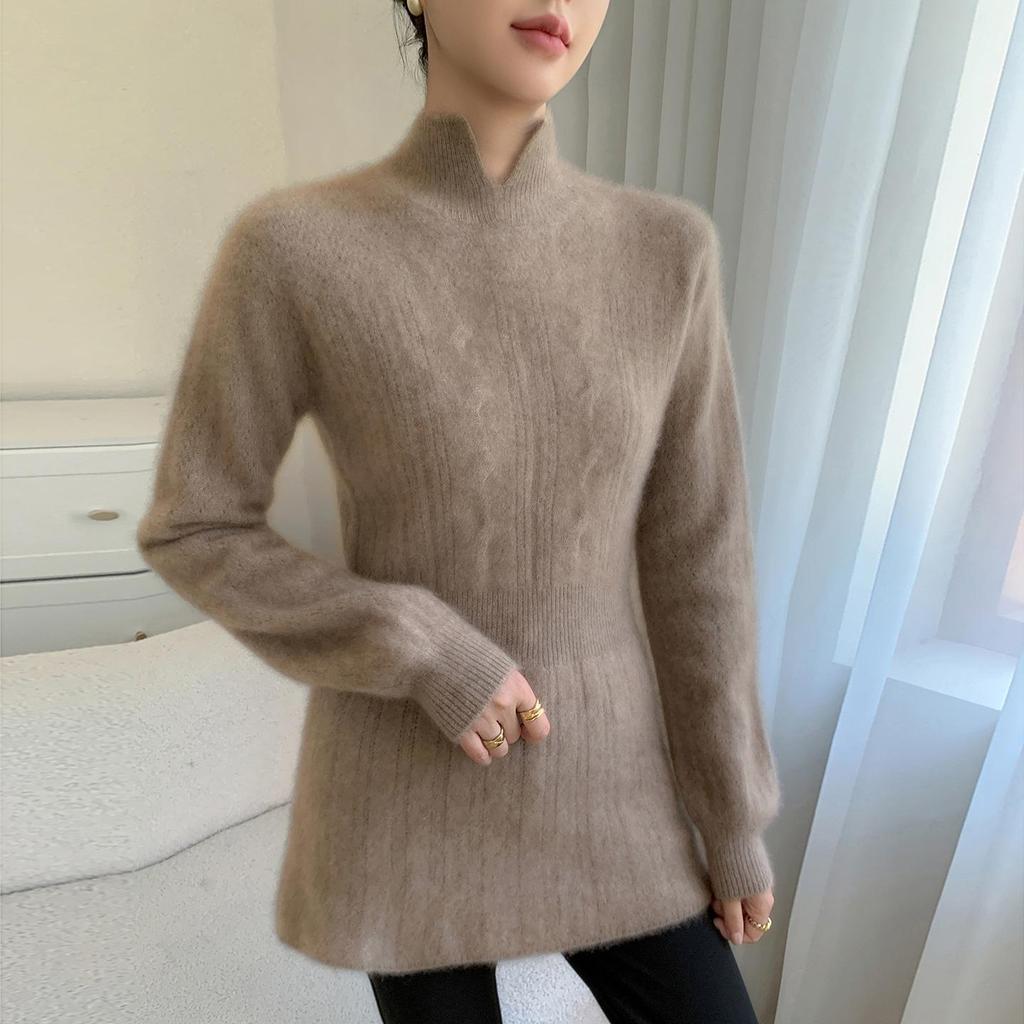 2025 Autumn/Winter Women's Cashmere Sweater Dress - Slit Neck, Lazy Style Wool Knit
