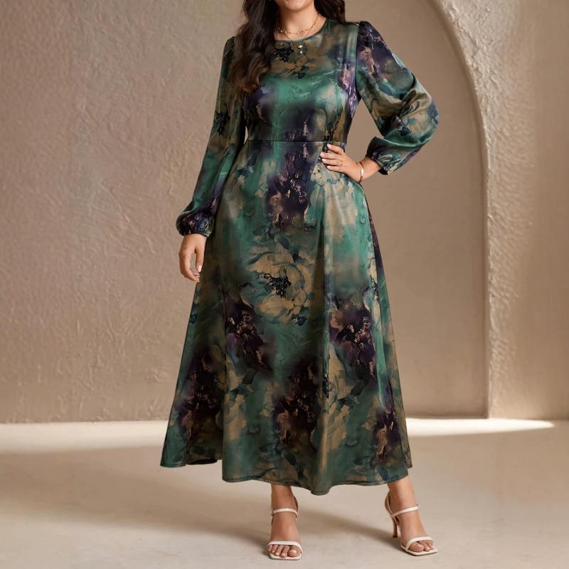Women S Long Sleeve Round Neck Midi Dress Gradient Print Plus Size Elegant