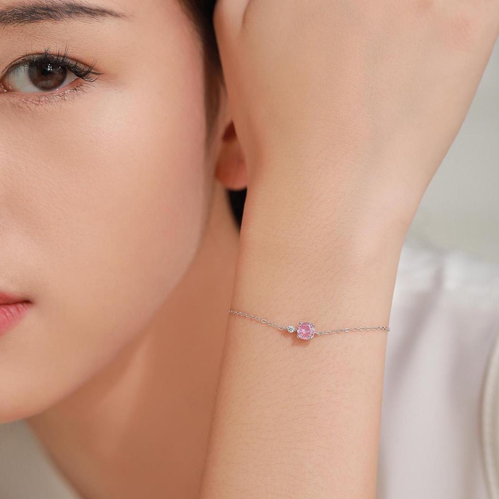 S925 Sterling Silver Cherry Blossom Pink Sugar Cube Bracelet - Women's Korean Simple Versatile Design