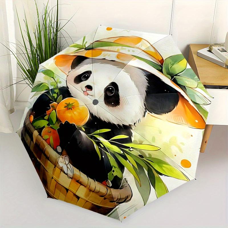 

1pc Adorable Panda & Persimmon Automatic 3-Fold Fashion Umbrella Design, Cute Cartoon Pattern, Portable Outdoor Umbrella, Perfect, Holiday Gift for Di