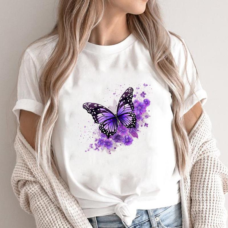 (Asian Size) Lovely Butterfly 90s Print Fashion Female Short Sleeve T-shirts Women's Top T Clothing Casual O-neck Graphic Tee