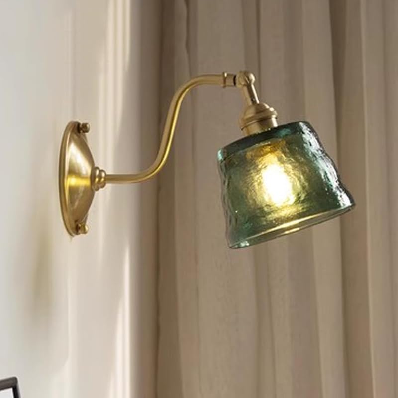 Farmhouse Vintage Glass Wall Light Fixture Green Amber Glass Industrial Wall Sconce Gooseneck Adjustable Arm Antique Gold Bedroom Wall Lamp for