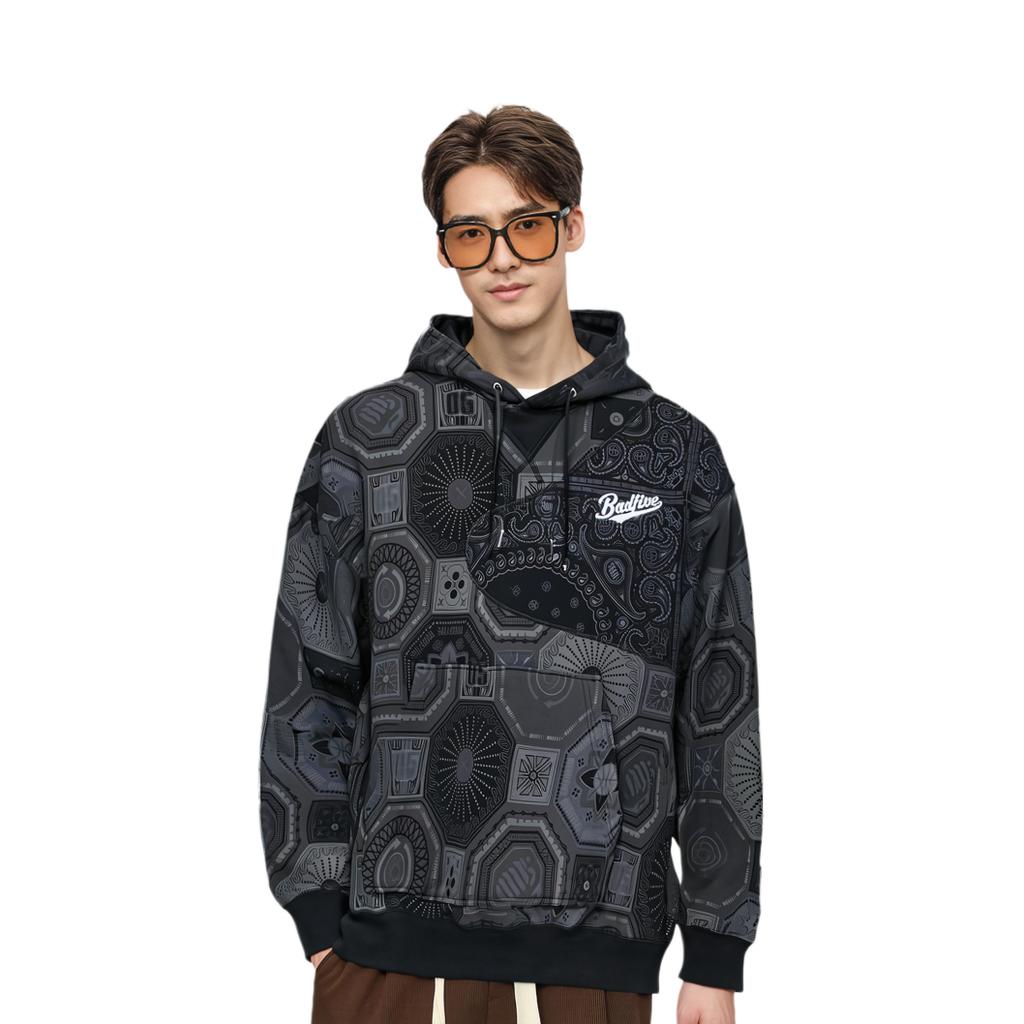 Li Ning Badfive Letter Logo All Over Print Drawstring Long Sleeve Sweatshirt Unisex Sweatshirt Black AWDR781-3