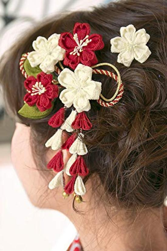 Haarschmuck für die Abschlussfeier, Tsumami-Kirsche, zum Aufhängen, für Abschlussfeiern, Made in Japan [SOUBIEN], Ornament, Zeremonie, Zeremonie, Kunsthandwerk, 2-teiliges Set, Rot,
