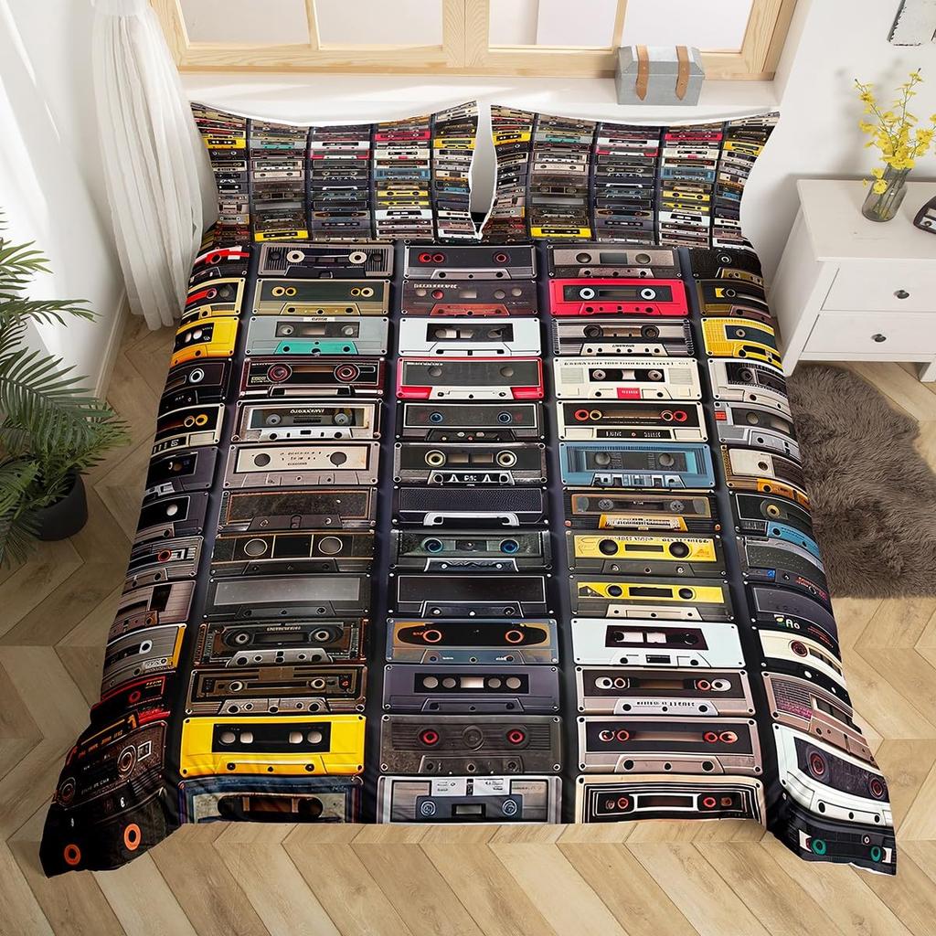 Cassette Tape Duvet Cover Twin Queen Vintage 80S 90S Memphis Comforter Cover Geometric Checkered Triangle Lightning Bedding Set