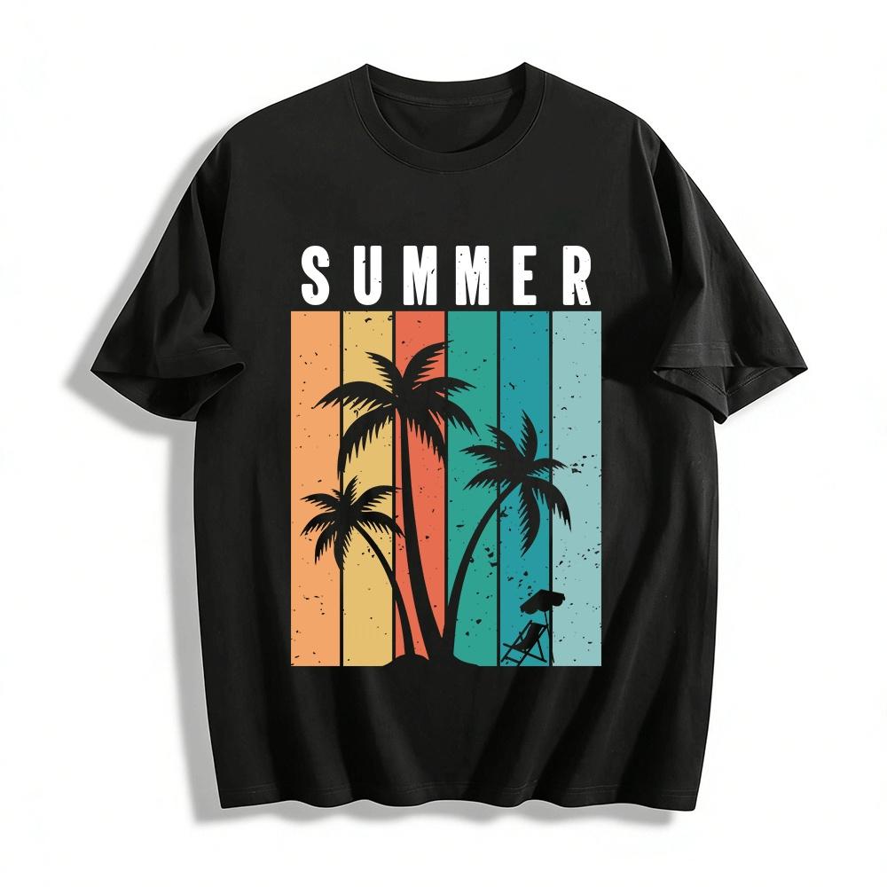 

Vintage Vacation Style Coconut Tree Print Casual Short Sleeve T-Shirt Pure cotton T-shirt XXS