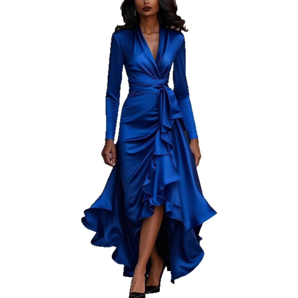 Polyester Satin Vneck Waist Ruffle Dress For Elegant Occasions