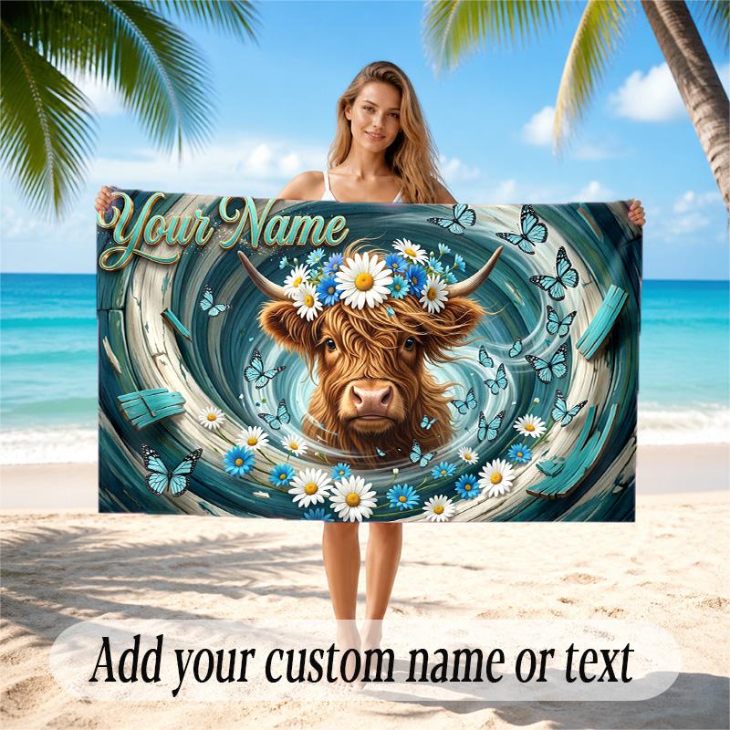 Highland Cow Theme Quick Dry Beach Towel Custom Name Text Print Large Sand Resistant Towel Beach Vacation