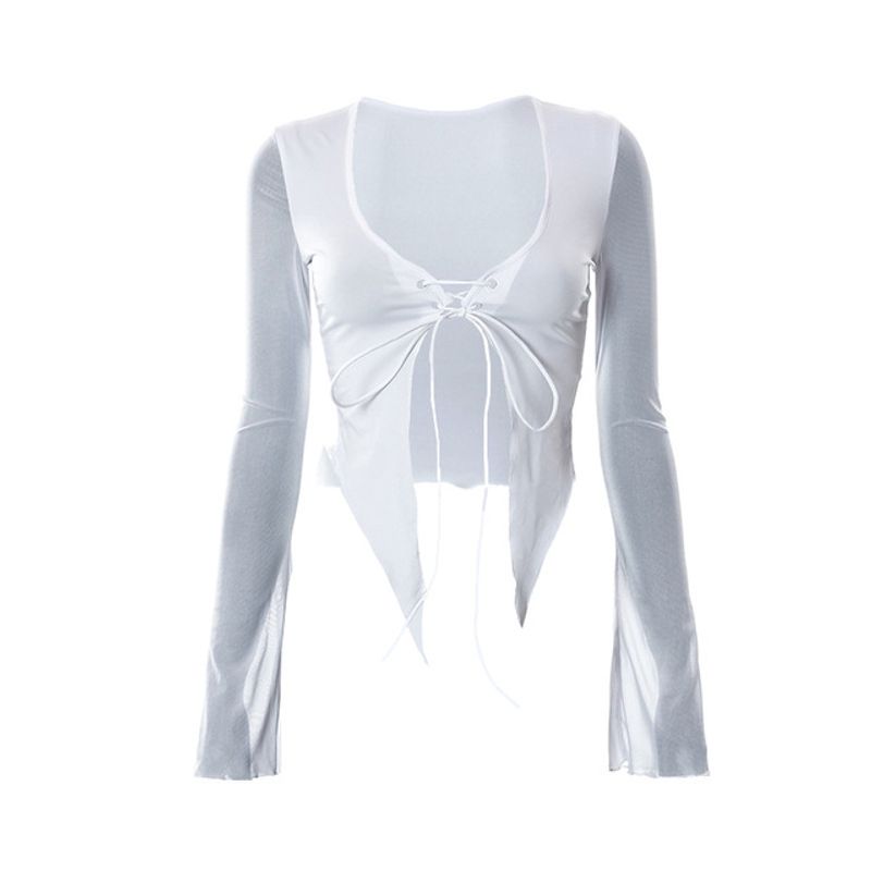 

Блузка на шнуровке с открытым животом и расклешенными рукавами, топы с длинными рукавами, открывающие живот White S