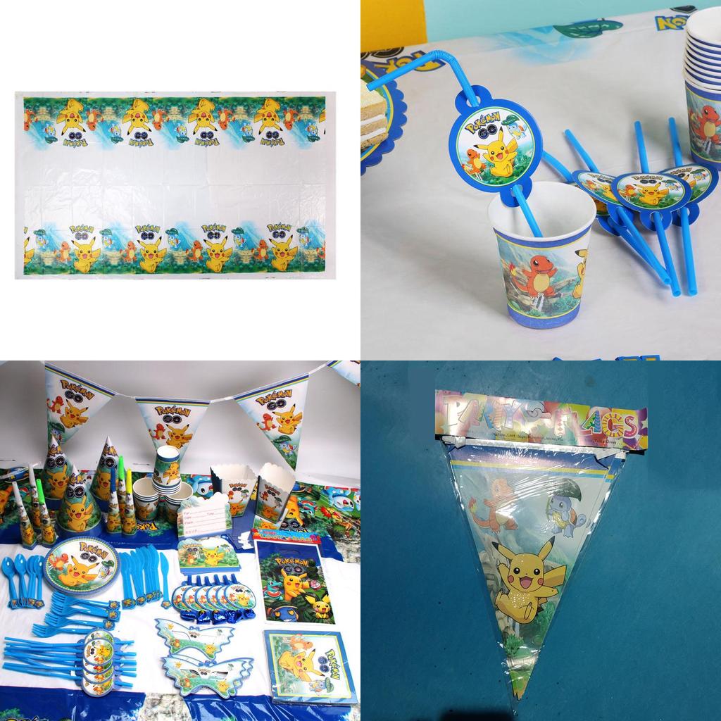 Pokmon Pikachu Complete Party Set With Paper Banners Plates Hats For Kids Birthday Decorations