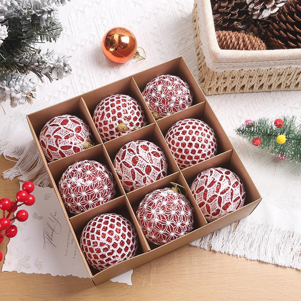 9Pcs/Box DIY Crafts Xmas Tree Ornament Plastic Painted Ball Party Supplies Christmas Balls Pendant Lace Creative Home Decoration
