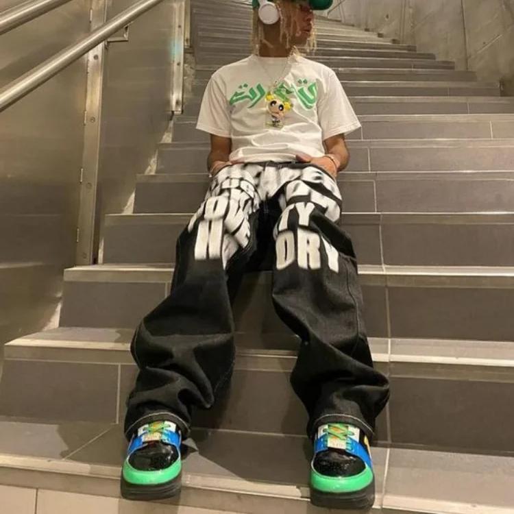 Y2k Jeans Hip Hop Letter Printed Black Pants Men Women New Trend Fashion Punk Loose Straight Wide Leg Trousers Streetwear