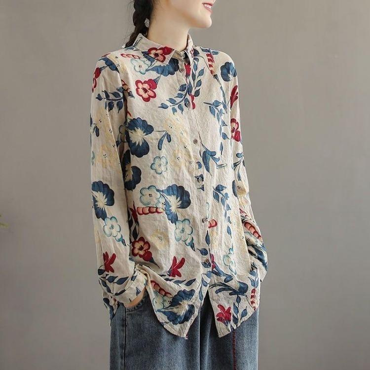 Fashion Women Long Sleeved Shirt Floral Printed Cotton Linen Loose Slimming Retro Artistic Hong Kong Style Trendy Collar Spring Autumn
