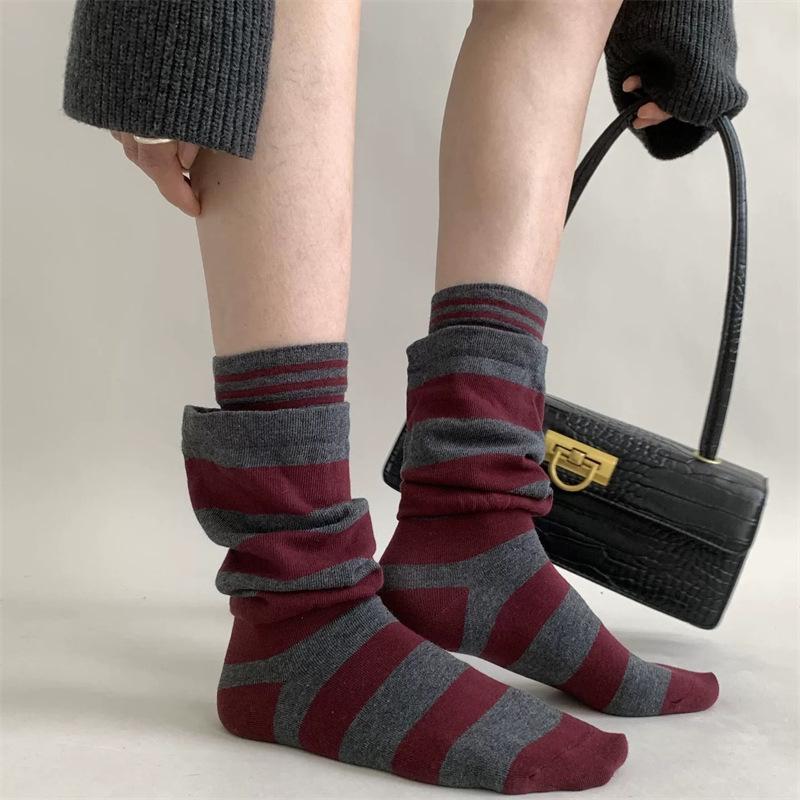Slouch Socks with Red Striped Layered Design One Size