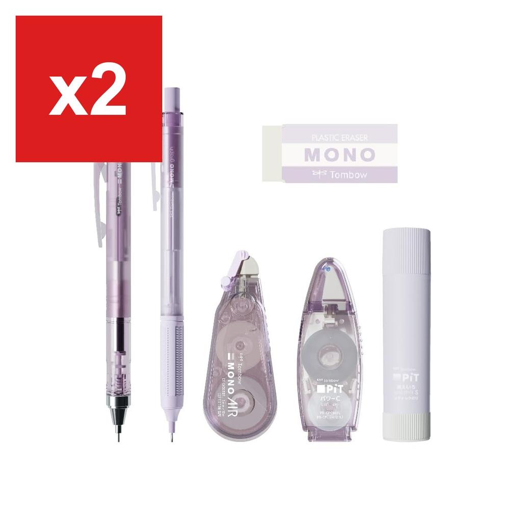 TOMBOW MONO X PiT Stationery Set, Pastel Glass Purple, 6-Piece Set (2x 0.5mm Mechanical Pencils, Eraser, Glue Stick,