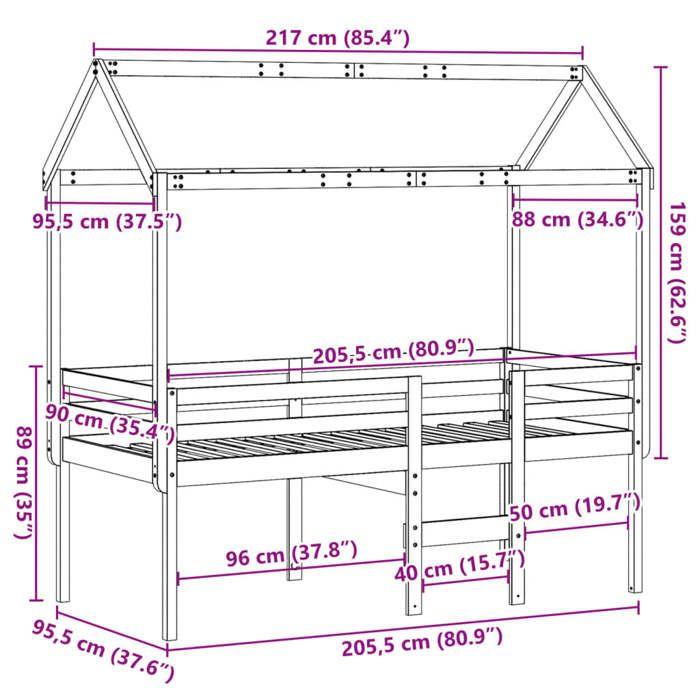 VidaXL Lit haut avec toit blanc 90x200 cm bois de pin massif, lit, cadre de lit, lit mezzanine, meuble de chambre à coucher, 3282133