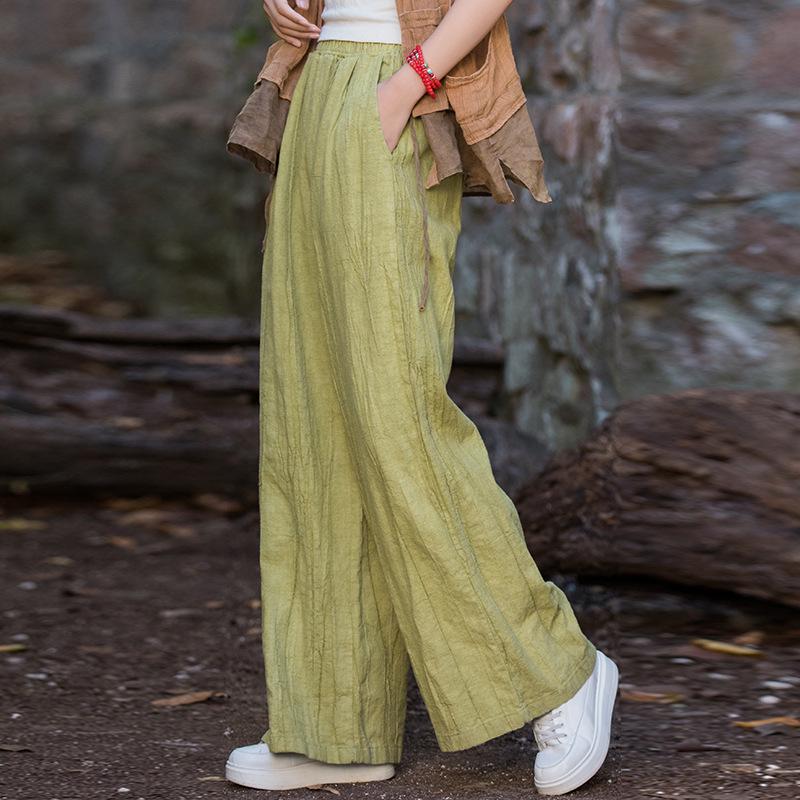 Women's Tie-Dye Cotton & Linen Wide-Leg Trousers with Velvet & Thickened Ramie