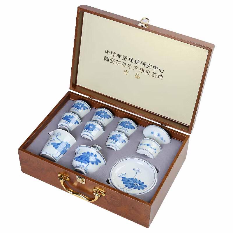 Jingdezhen Hand-painted Blue & White Ceramic Lotus Kung Fu Tea Set