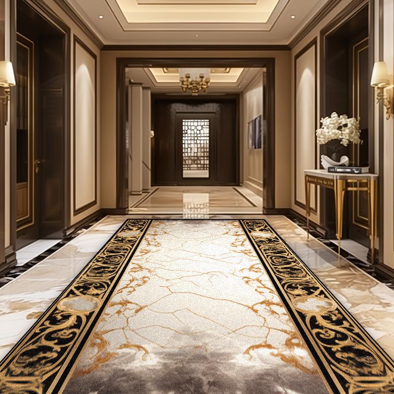 European Luxury Golden Corridor Soft Carpet Villa Aisle Stair Decoration Area Rug Washable Hotel Porch Entry Floor Mat Non-slip