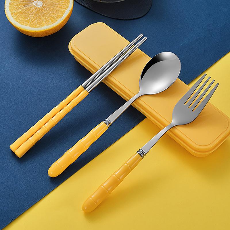 3 Stück Essstäbchen Löffel Gabeln Sets aus Edelstahl Tragbares Geschirr Wiederverwendbares Reise-Picknick Besteck mit Box