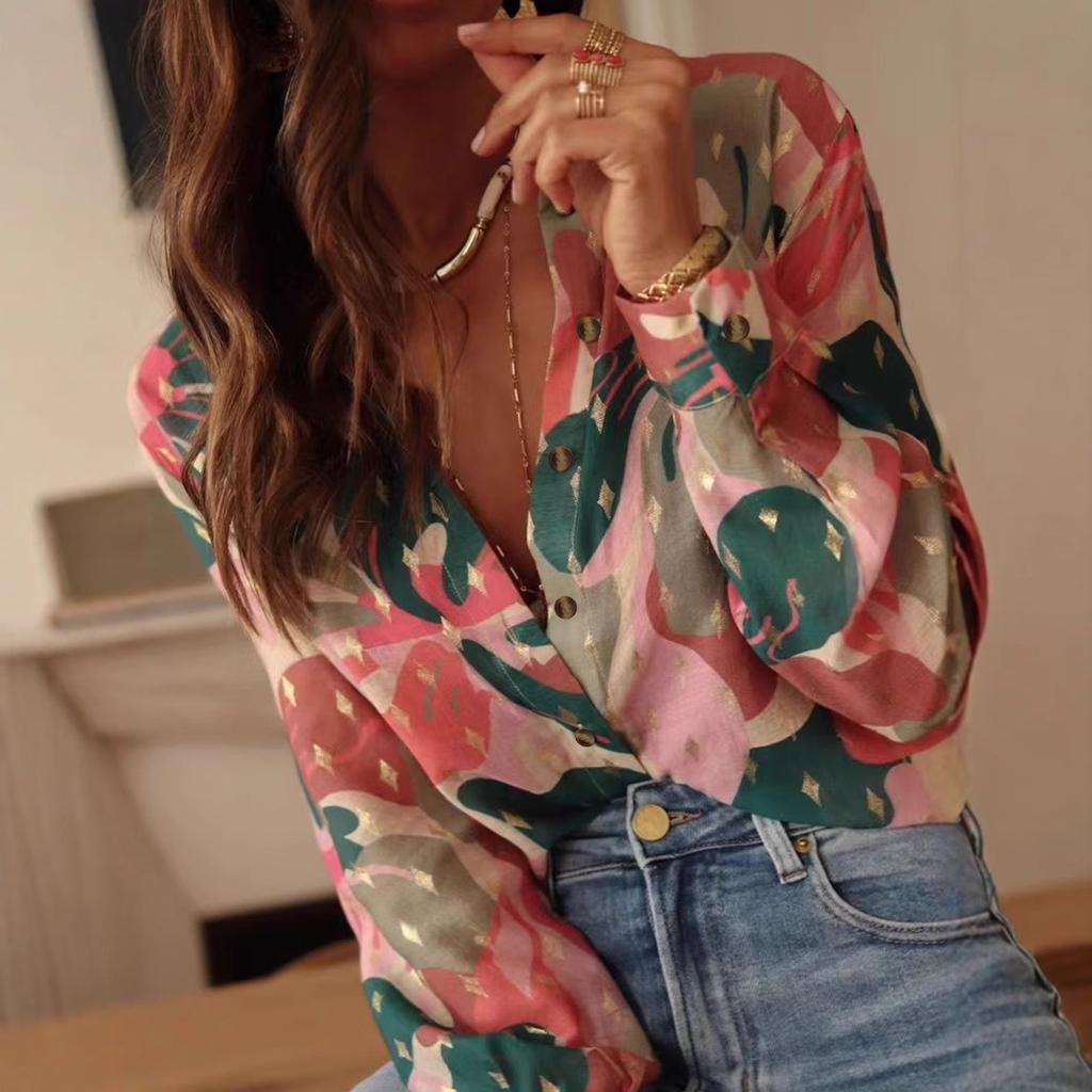 European and American temperament casual summer new long-sleeved printed lapel shirt casual vacation women's shirt large size