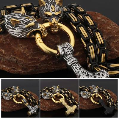 Collar para hombre estilo vikingo nórdico retro con colgante de cabeza de lobo y martillo, amuleto con cadena gruesa y símbolo