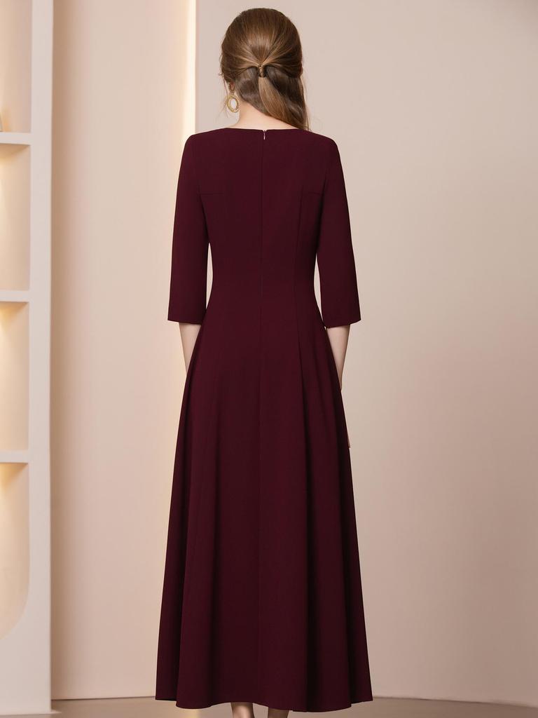Zhilian Angola Red Handmade Rhinestone Seven-Sleeve High-Waist A-Line Long Dress (Spring 2026)