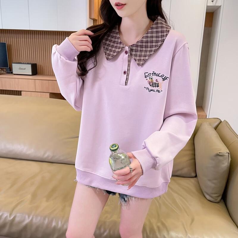 ZOSOUL Korean Style Plaid Collared Sweatshirt with Cartoon Embroidery