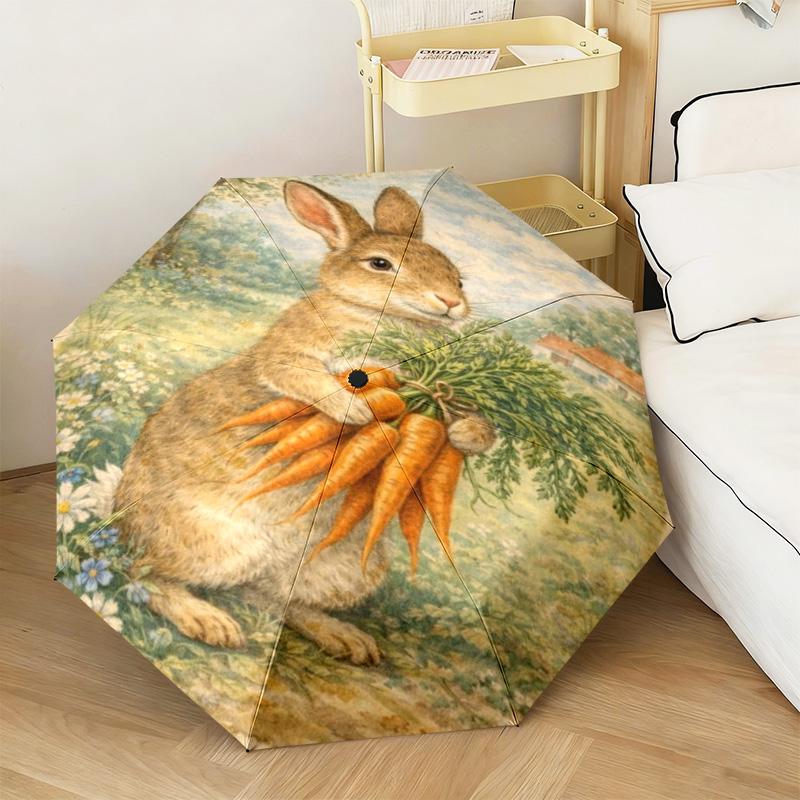 1PC Rabbit Carrots Garden Scene Automatic Umbrella - Suitable Travel Outdoor Portable Umbrella Birthday Gift Daily Essentials
