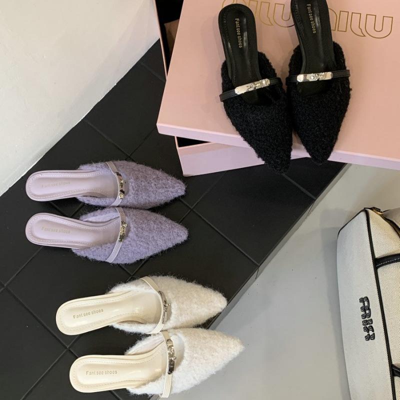 French Temperament Fairy Style Lamb Wool Bag Head Half Slippers Women Wear Autumn and Winter Pedal Pointed Lazy Muller Shoes