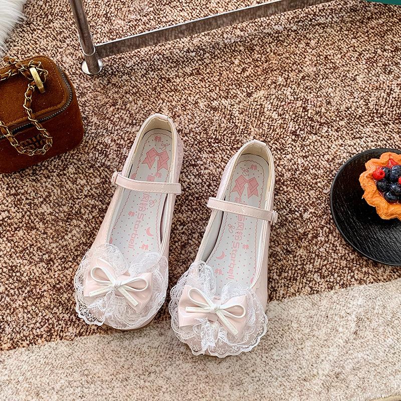 Japanese lace bow ballet round head low heel lolita sweet girl princess style small leather shoes