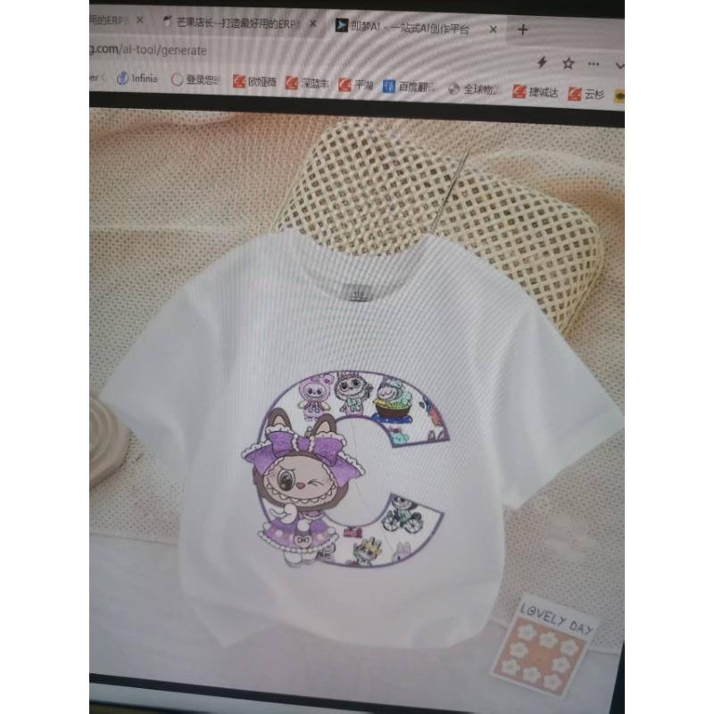 Cute Labubued Letter Printed T-shirt Cotton Summer Outdoor Wear Short Sleeve Girls Clothes Top Cartoon Children Clothing Toddler