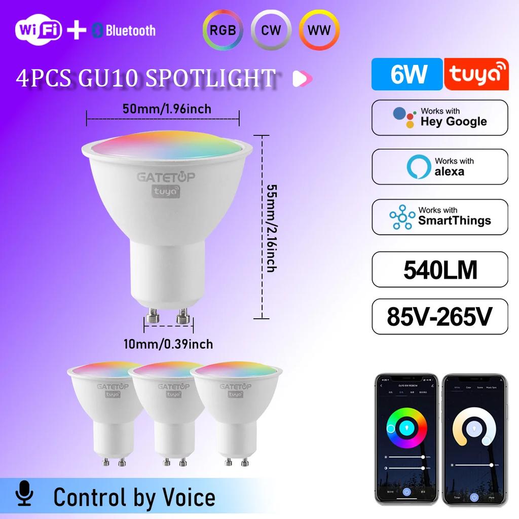 1-10Pcs Tuya GU10 WiFi LED Smart Bulb Dimmable 1-100% RGBCW Spotlight Smart Life APP Work with Alexa Google Home Voice Control