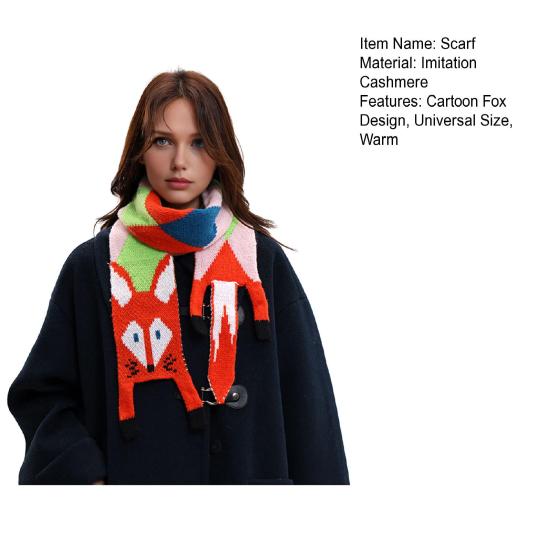 Women Scarf Cartoon Fox Design Faux Cashmere Soft Warm Scarf Autumn Winter Long Scarf Versatile Clothing Accessory