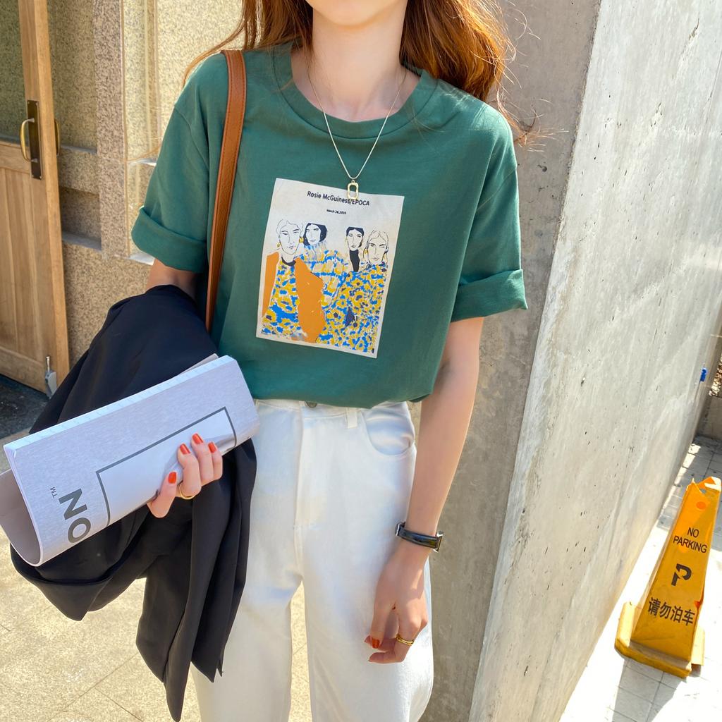 Kreskówkowa Koszulka Damska Krótki Rękaw Czysta Bawełna Wiosna Nowy Styl Luźna Koreański Styl Koszulka do Warstwowego Ubierania Wszechstronna Koszulka