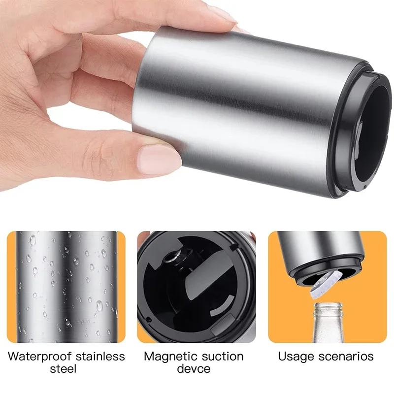 Magnetic Automatic Beer Bottle Can Opener Magnet Stainless Steel Push Down Opener Cool Kitchen Gadgets Accessories