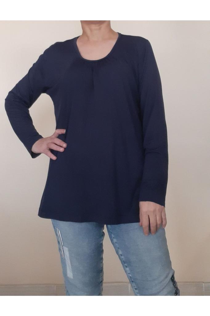 Women's Style Big Size T-Shirt Navy Blue Combed Cotton Viscose T-Shirt With Gathered Collar