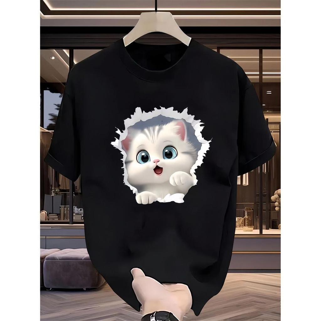Summer Cotton T-shirt Couple Top Cute Cat Cartoon Loose Casual Shirt