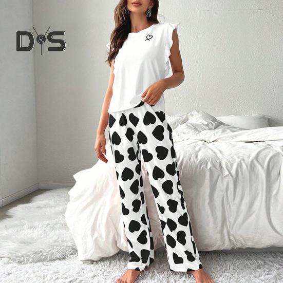 Dámská saténová pyžamová souprava s volánkovým lemem, tílko a kalhoty se širokými nohavicemi, ležérní dvoudílný domácí oděv, souprava na lenošení