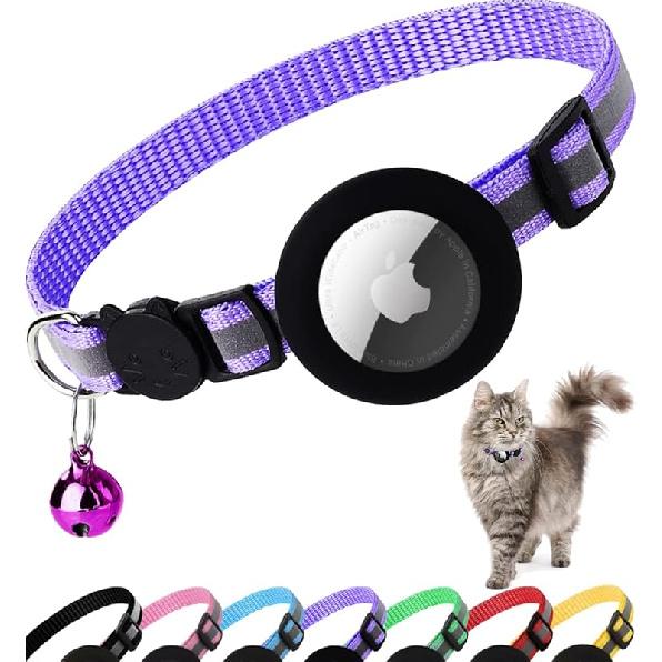 Airtag Cat Collar Breakaway, Reflective Kitten Collar with Apple Air Tag Holder and Bell for Girl Boy Cats, 0.4 Inches in Width and