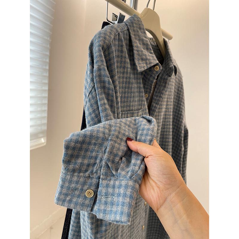 Women's Retro Brushed Blue Plaid Shirt Jacket – Thick, Loose Casual Outerwear for Autumn/Spring