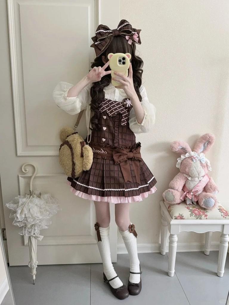 Japanese Sweet Lolita JSK Dress Heart Button Bow Detail Brown Pink Chocolate Plaid Decoration Harajuku Subculture Kawaii Outfit