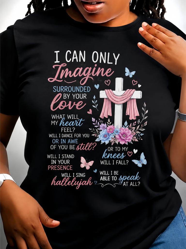 Religious Faith Hymn Inspirational Floral Cross Ladies Casual Short Sleeve Tee