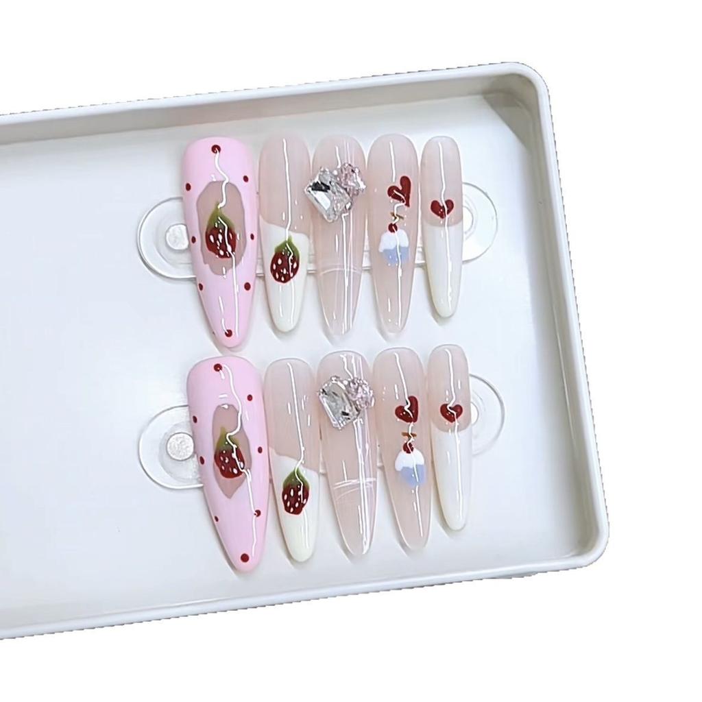 Handmade Phototherapy Wear Strawberry Jam Long Thin Dog Cat Eyes Pure French Finished Manicure Stickers
