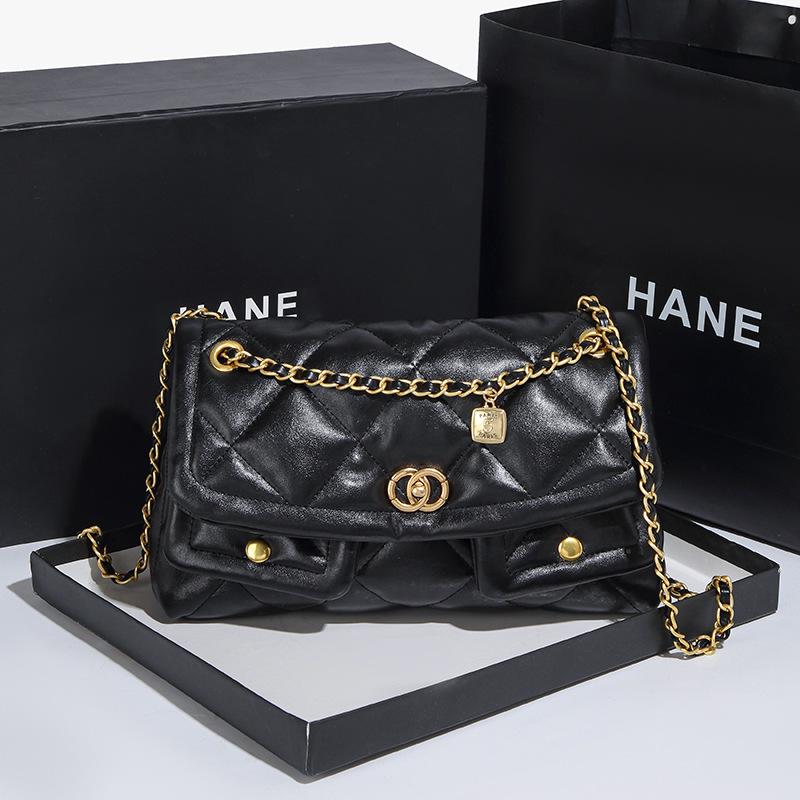 Xiaoxiangfeng Cowhide Diamond Grid Chain Bag Women's New Large Capacity High-end Double Pocket Shoulder Crossbody Bag