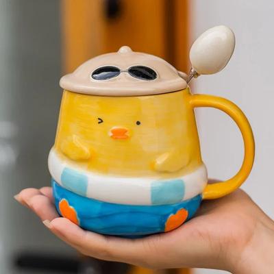 3D Sevimli Tavuk Seramik Kupa Kaşıkla, Yaratıcı Hayvan Kahve Kupaları, Çocuk Kahvaltı Süt Kupası Bardak
