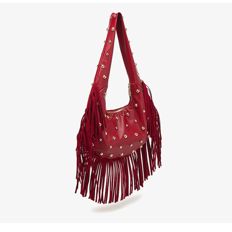 Yogodlns Fashion Personality Women's Underarm Bag Retro Leather Texture Tassel Rivet Bag Versatile Simple Trend Shoulder Bag
