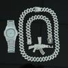 Herren Hip Hop Pistolen Anhänger Diamant Kubanische Kette Halskette Armband Herrenuhr Set Mode Luxus Geschenk