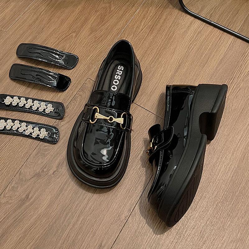 Loafers horse buckle thick-soled medium-heeled small leather shoes for women's 2025 spring one-pedal British new single shoes heightening shoes