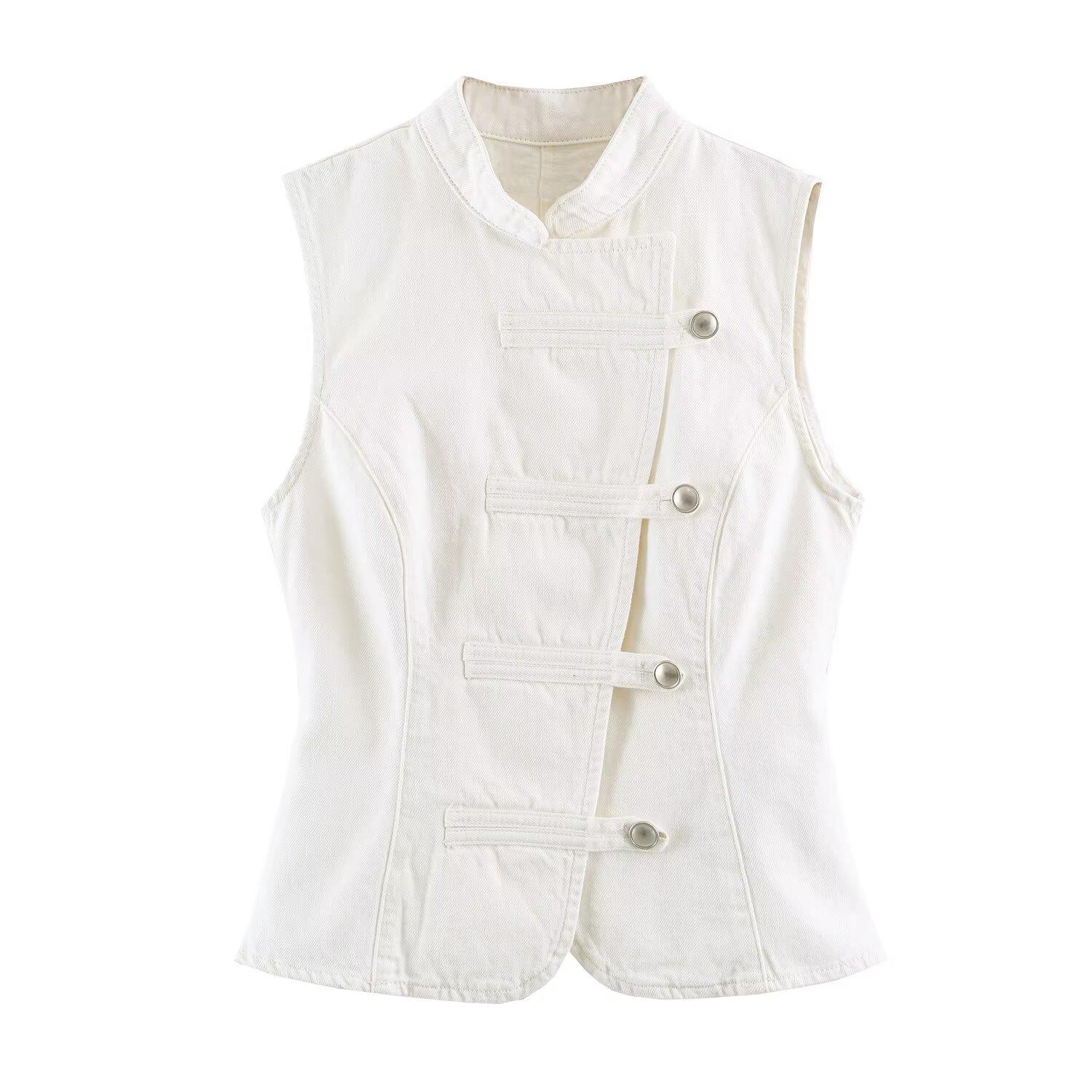 European and American women s clothing INS Internet celebrity popular fashion knot button denim top XS белый